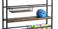 Heavy Duty Black Metal Sports Equipment Rolling Rack with Wood Shelves