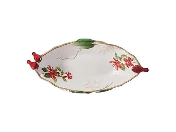 Fitz and Floyd Poinsettia Holiday Cardinal Centerpiece Serve Bowl
