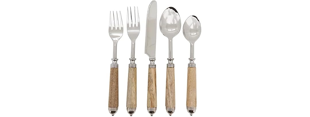 Natural Bark Wood Style Handle Place Setting Flatware (Set of 5)