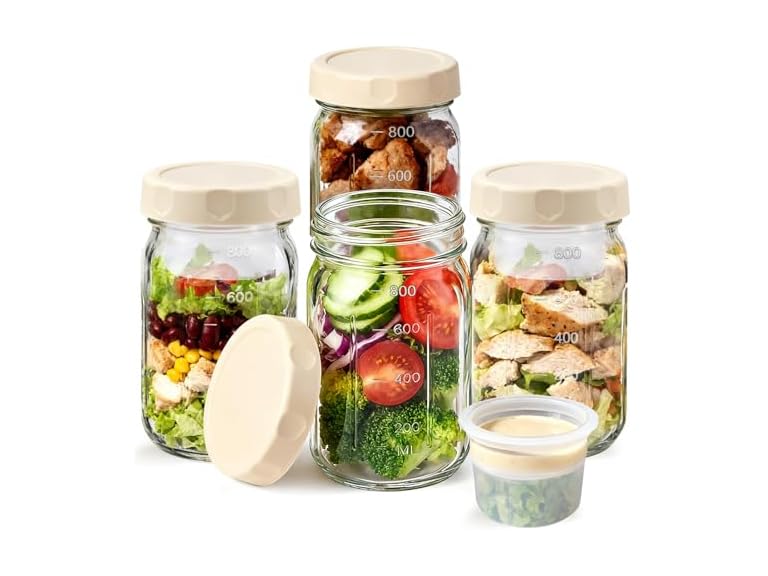 EKACO 4 Pack Glass Salad Jars 32 Oz - Leakproof Mason Jars