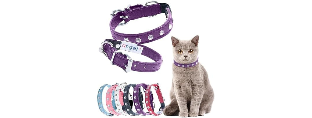 Athens Cat Collar, Leather Kitten Collar w/Rhinestones