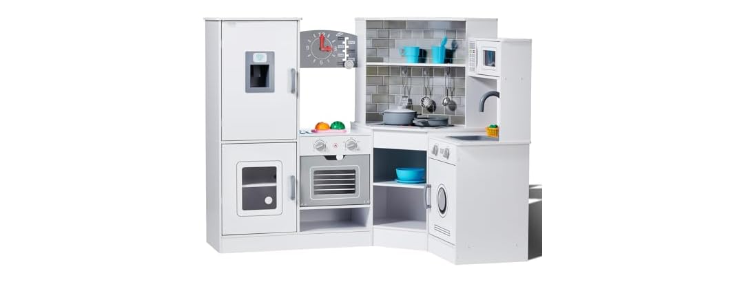 Corner Wooden Play Kitchen, Toy Set with Lights