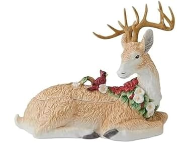 Fitz and Floyd Poinsettia Holiday Deer Figurine Cookie Jar