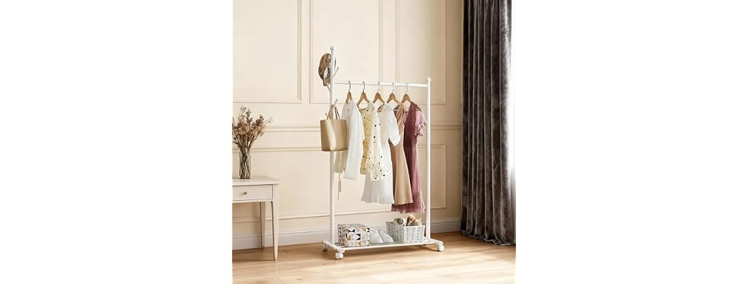Takywep 33.86'' Length Standing Coat Rack with WheelsWhite