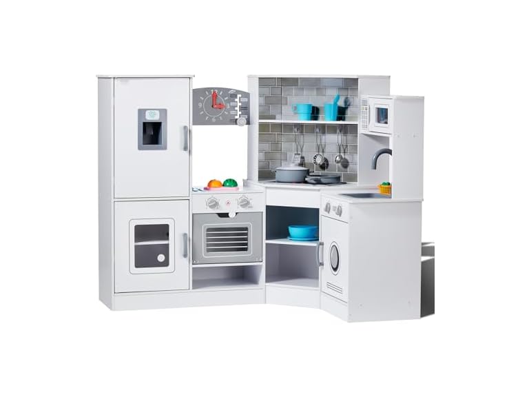 Corner Wooden Play Kitchen, Toy Set with Lights