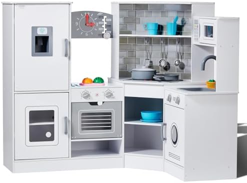 Corner Wooden Play Kitchen, Toy Set with Lights