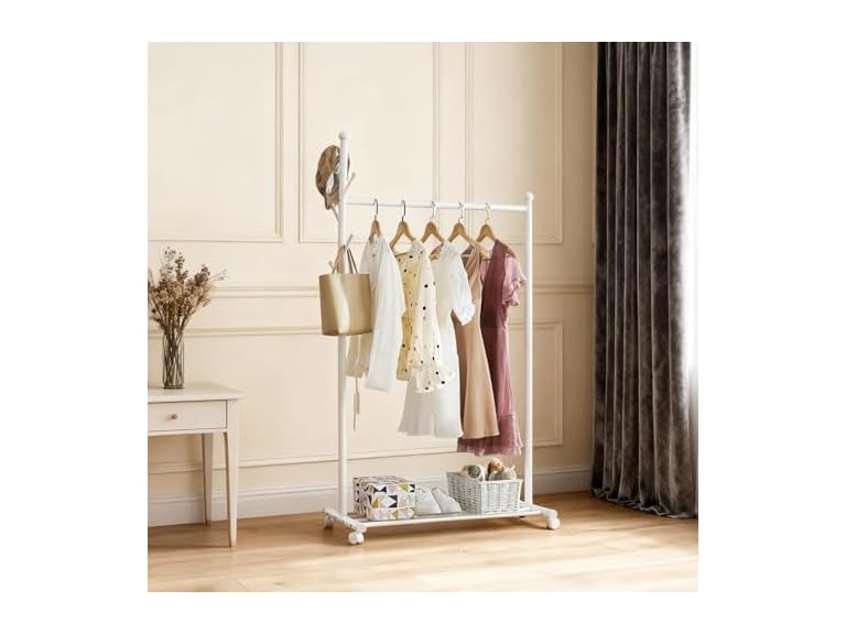 Takywep 33.86'' Length Standing Coat Rack with WheelsWhite