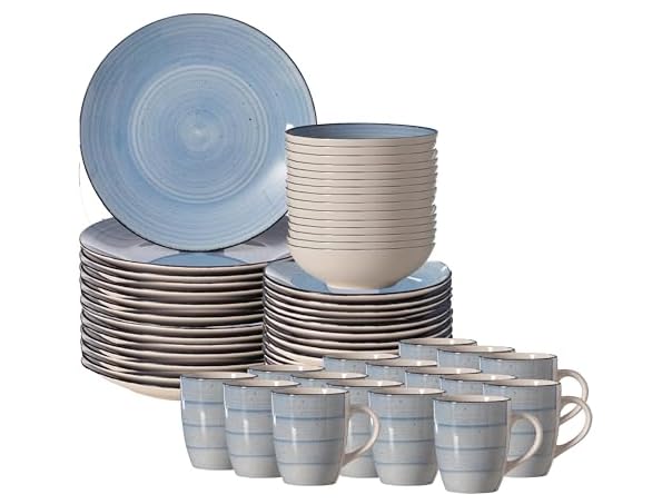 64-Pc Dinnerware Set for 16 Swirl Glazed Finish Blue