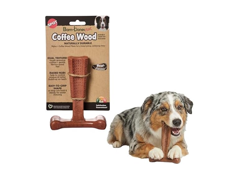 SPOT Bam-Bones Plus Coffee Wood T-Bone Dog Chew Toy, Beef