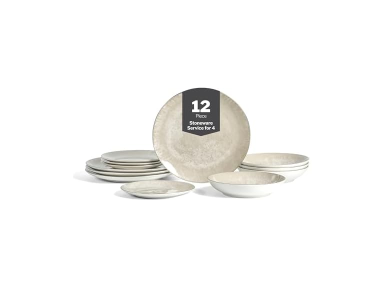 Christian Siriano Onyx 12-Piece Dinnerware Set Porcelain Beige and Gold
