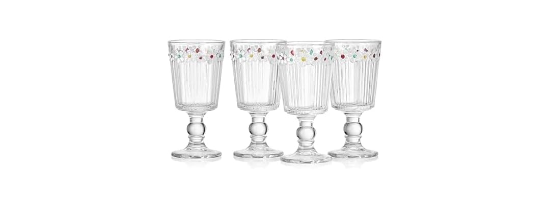 Darbie Angell Painted Daisy Tall Goblet Glasses Set of 4
