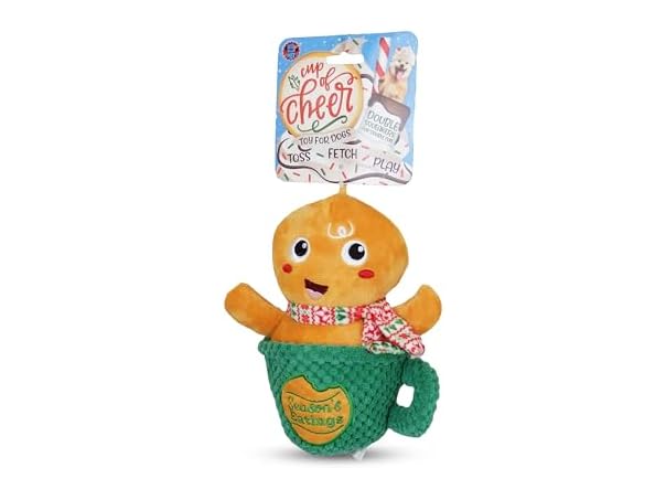 Bow Wow Pet Gingerbread Xmas Mug Squeaky Plush Dog Toy