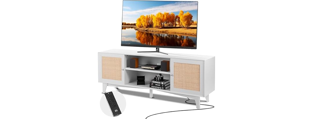 Rattan TV Stand for 75in TV, Boho TV Stand with