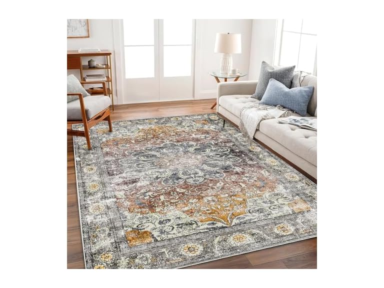 CHAMPLANT Tan/Gray Floral Print Area Rug