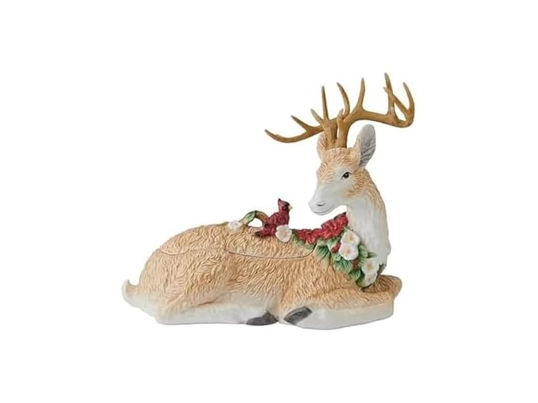 Fitz and Floyd Poinsettia Holiday Deer Figurine Cookie Jar