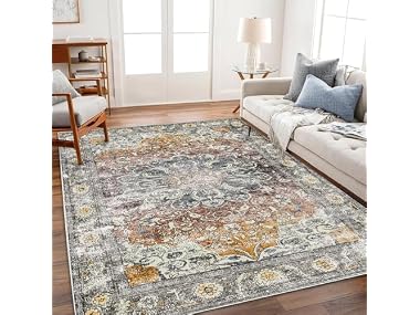CHAMPLANT Tan/Gray Floral Print Area Rug
