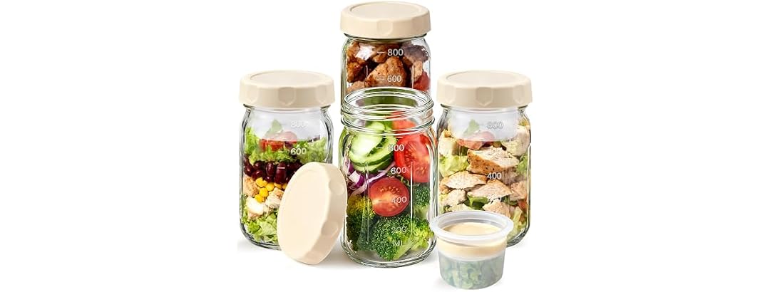 EKACO 4 Pack Glass Salad Jars 32 Oz - Leakproof Mason Jars