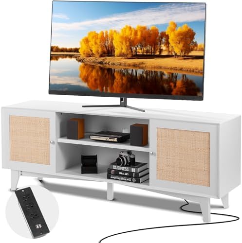 Rattan TV Stand for 75in TV, Boho TV Stand with