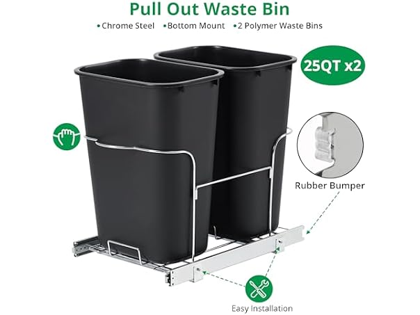 2 x 25 Quart Double Bin Pull-Out Trash Can for Under Kitchen Cabinet