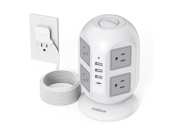 TESSAN 10ft Cord Power Tower (8 Outlets, 1 USB-C, 3 USB-A)