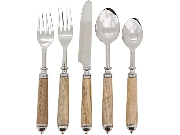 Natural Bark Wood Style Handle Place Setting Flatware (Set of 5)