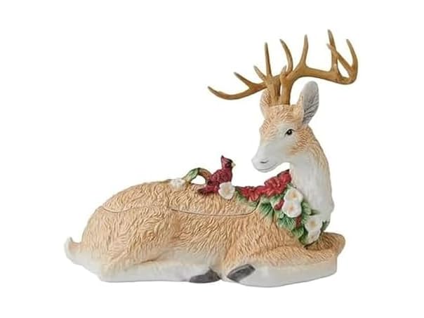 Fitz and Floyd Poinsettia Holiday Deer Figurine Cookie Jar