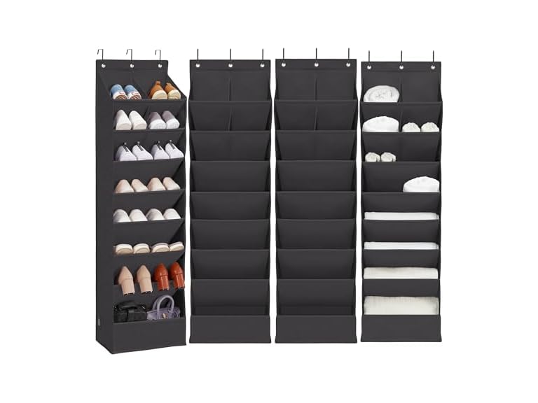 Door Shoe Organizer with 10 Extra Large Pockets, 4-Pack Black